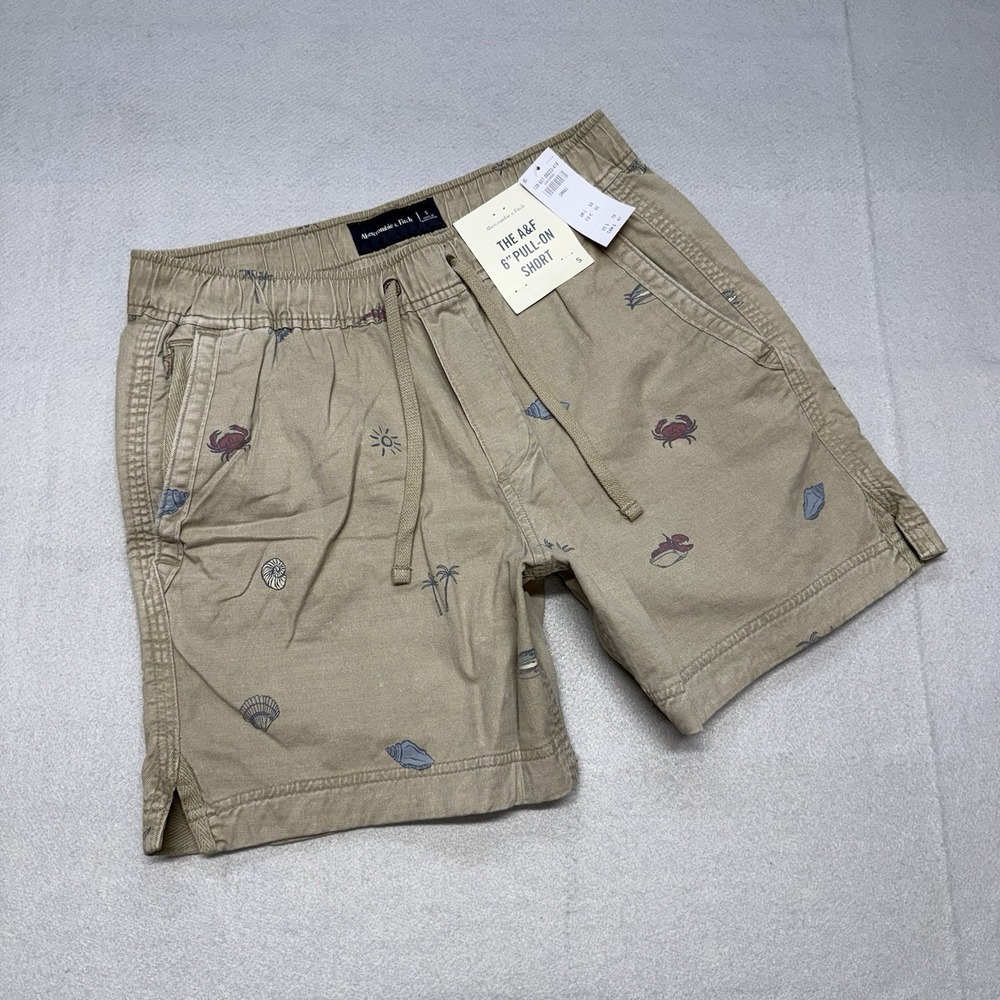 Abercrombie & Fitch The A&F 6" Pull On Shorts Men's Small Khaki Beach Print NWT